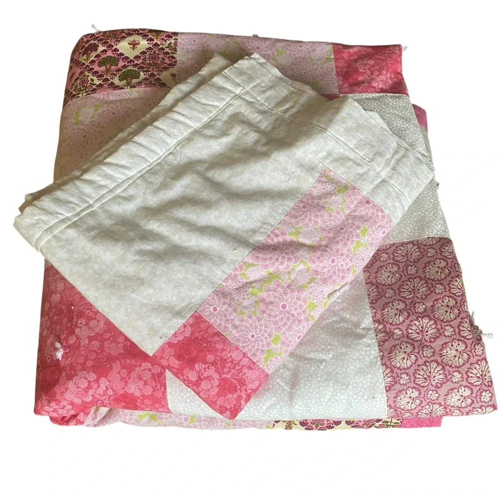 Handmade Patchwork Quilt Pink Green Floral Damask Tied Bedding Cottagecore King